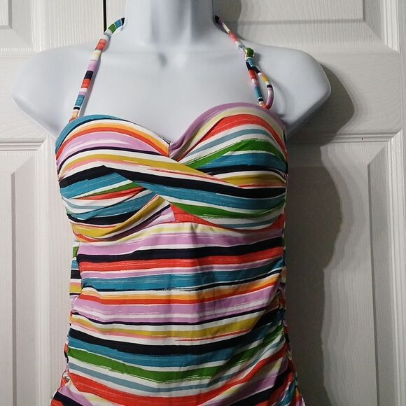 Anne Cole halter tankini swimsuit top  skirt multicolor stripe set Sz M/L NWOT - Picture 3 of 10